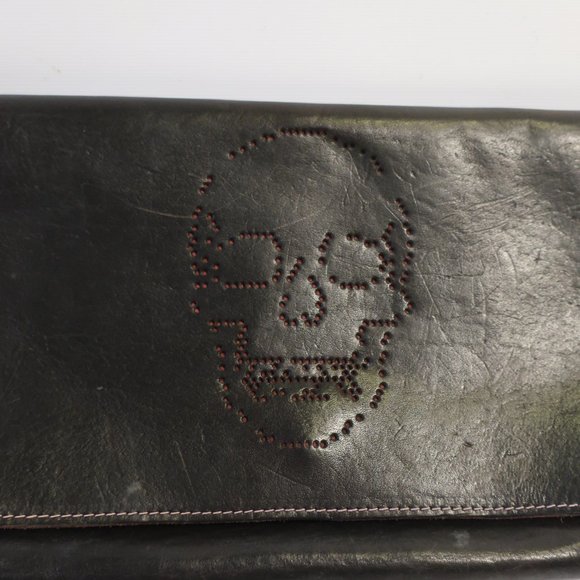 Womens Brave Black Die-Cut Salvage Skull Image Leather Clutch Bag * - Picture 5 of 10